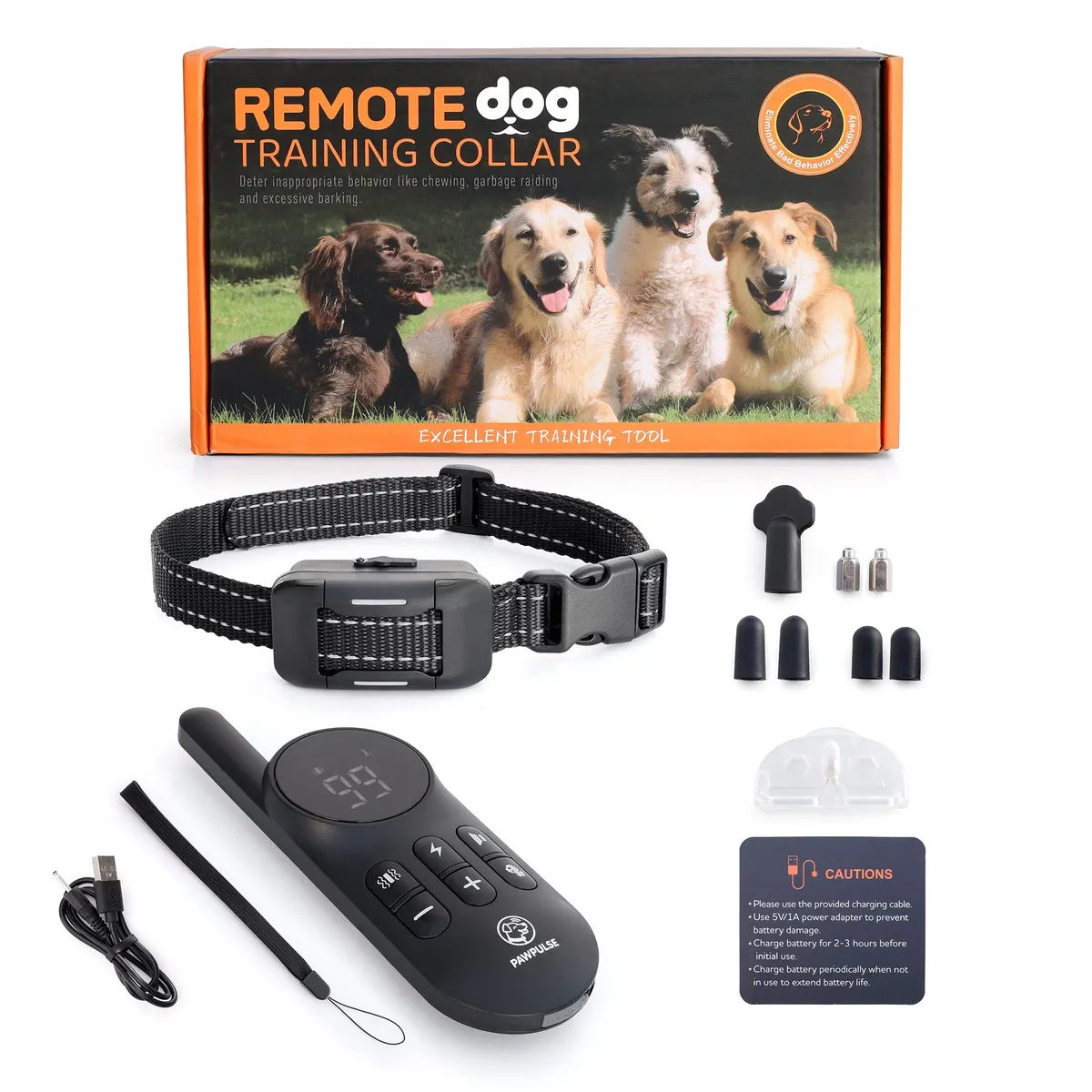 Everything in the PawPulse box: remote, collar, contact caps, lanyard and USB cable