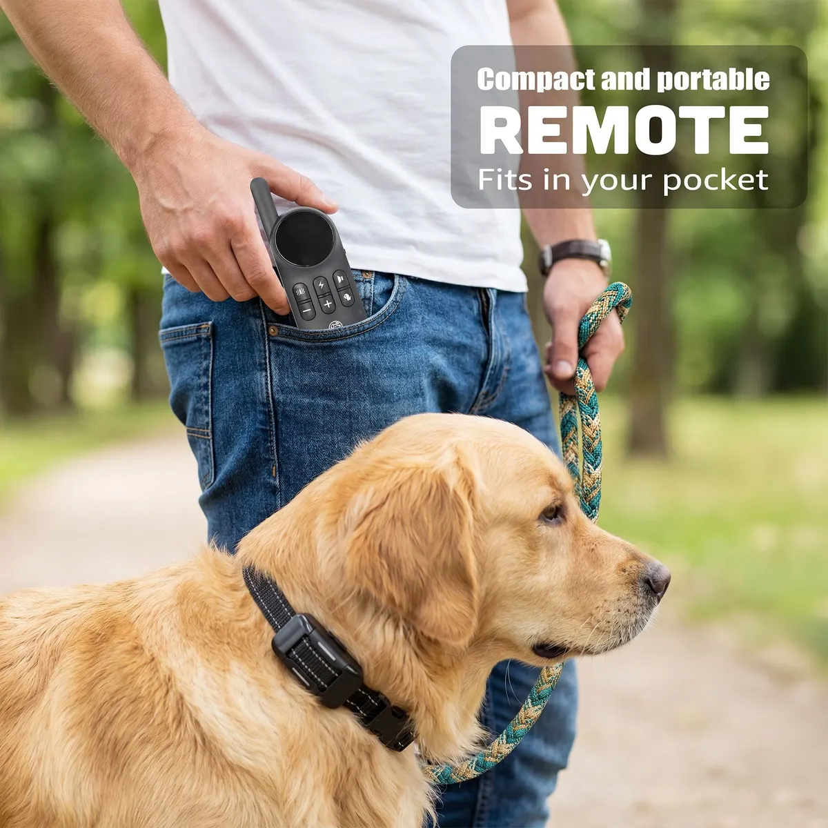 Compact PawPulse remote slipping into a jeans pocket on a walk