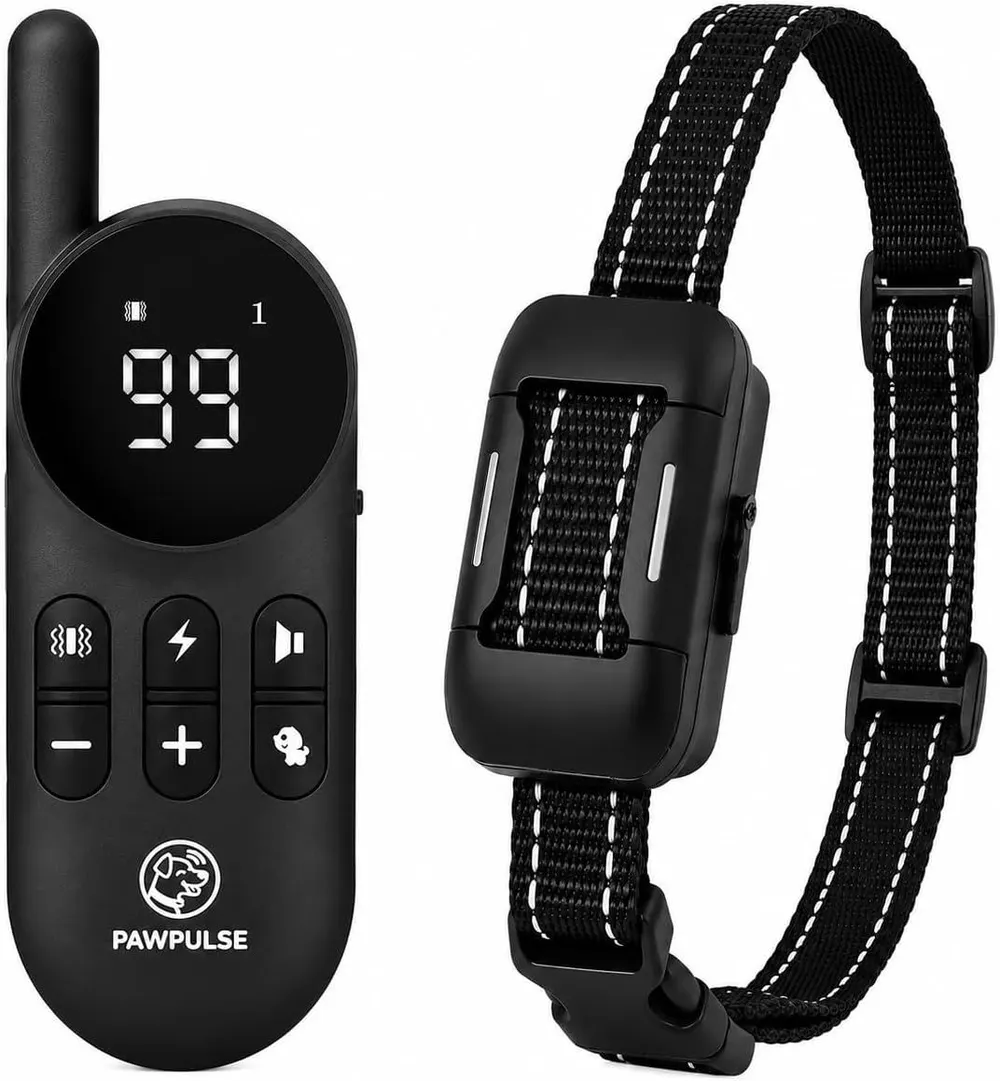 PawPulse remote with LCD screen next to the PawPulse collar receiver