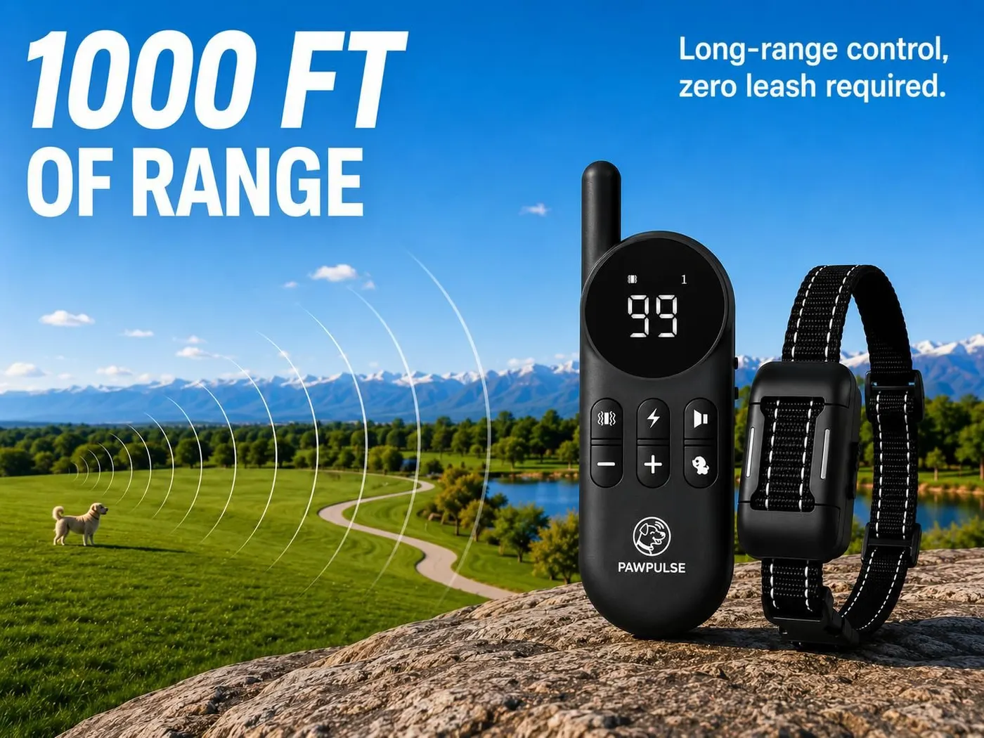 PawPulse remote and collar with 1000 FT of range across an open field